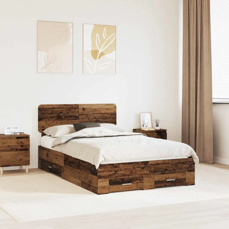 Sengestel 120x190 cm med skuffe - Gammelt træ look