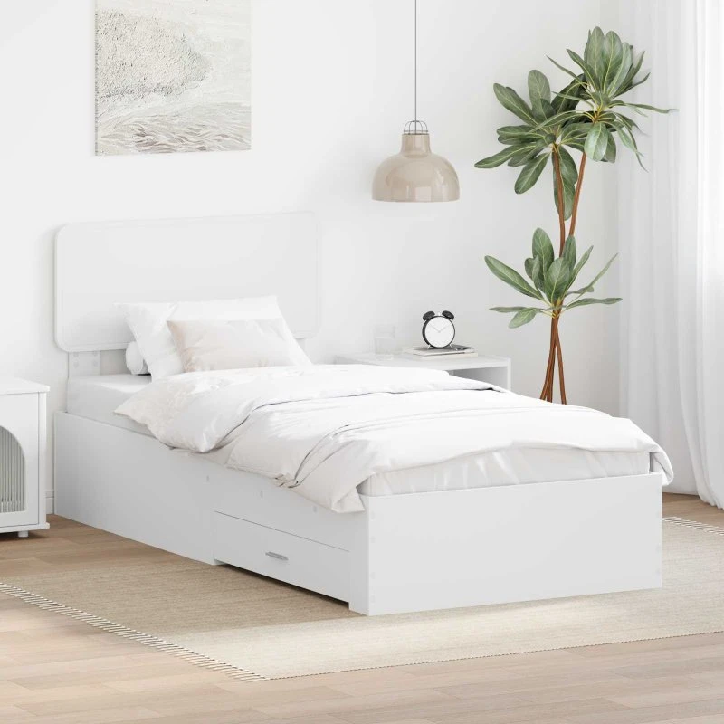 Sengestel 75x190 cm hvid med skuffe og hovedgærde
