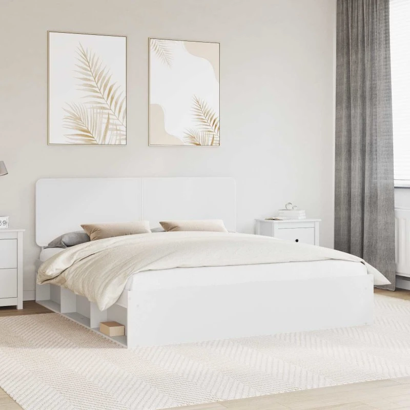 Sengestel 200x200 cm med hovedgærde i massiv fyrretræ, hvid