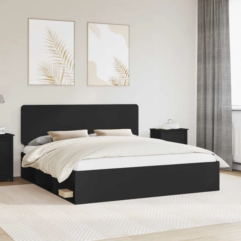 Sengestel 200x200 cm med hovedgærde - Sort, massiv fyrretræ