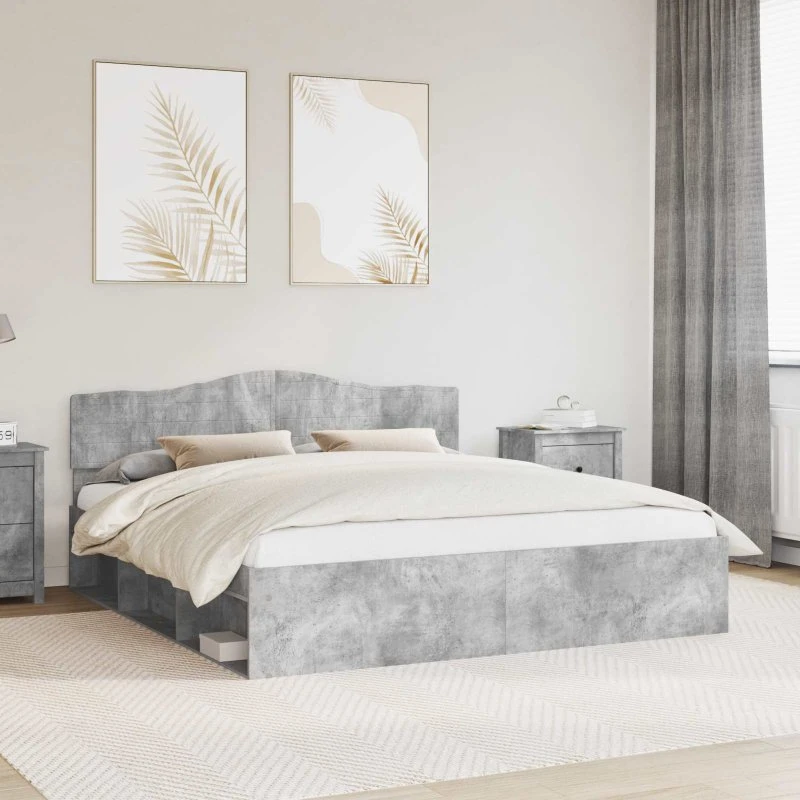 Sengestel 200x200 cm med hovedgærde – Beton, massiv fyrretræ