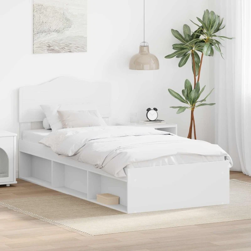 Sengestel i massiv fyrretræ med hovedgærde 90x190 cm, hvid