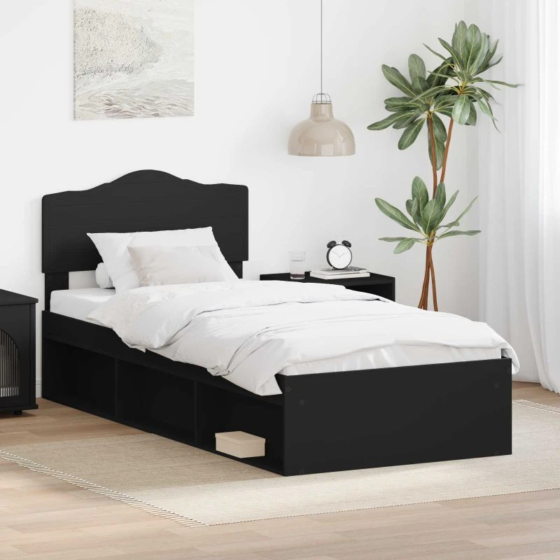 Sengestel med hovedgærde, sort 90x190 cm - massivt fyrretræ