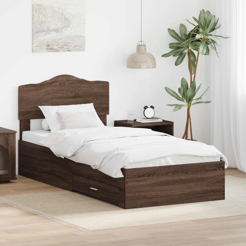 Sengestel brun eg 100x200 cm med hovedgærde og opbevaring