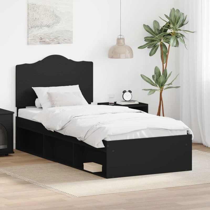 Sengestel 90x190 cm med sort massiv fyrretræ hovedgærde