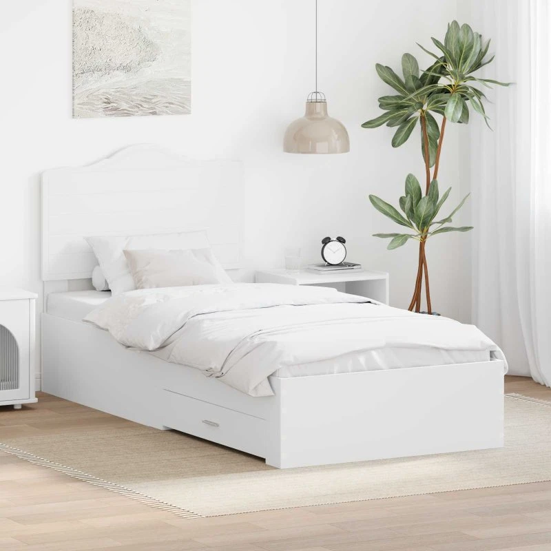 Hvid sengestel med hovedgærde og opbevaring 90x190 cm
