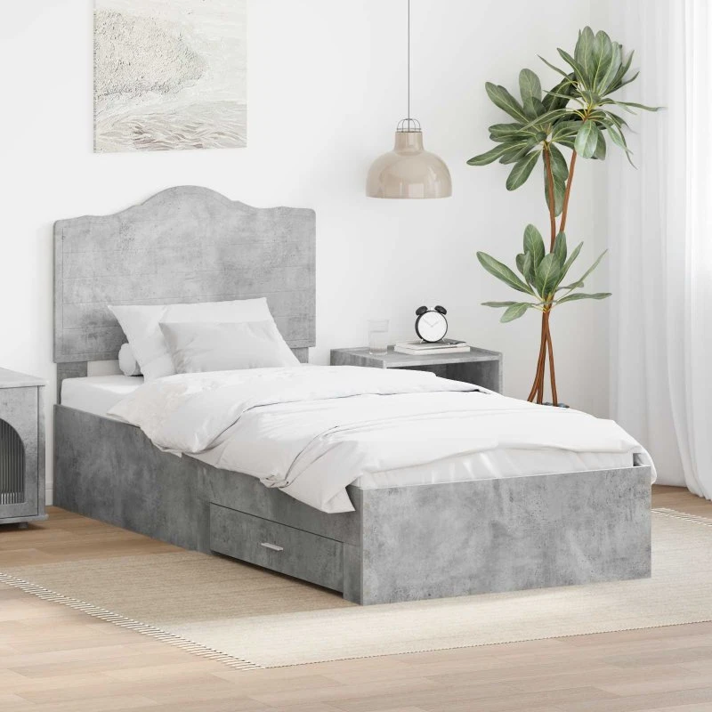 Sengestel med hovedgærde og opbevaring, Betongrå 70/75x190 cm