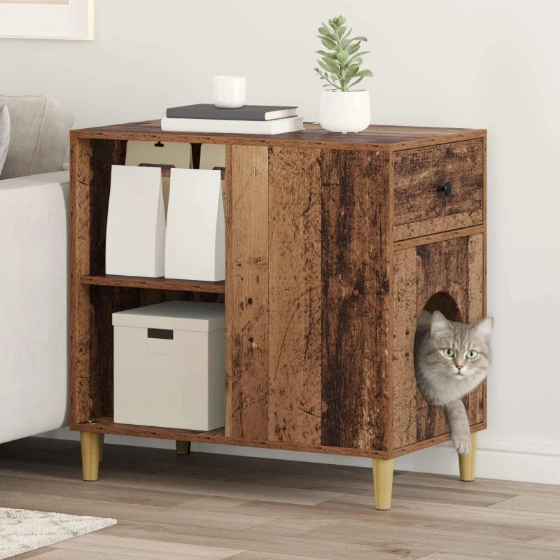 Kattehus i konstrueret træ 72x42,5x70 cm - gammelt trælook