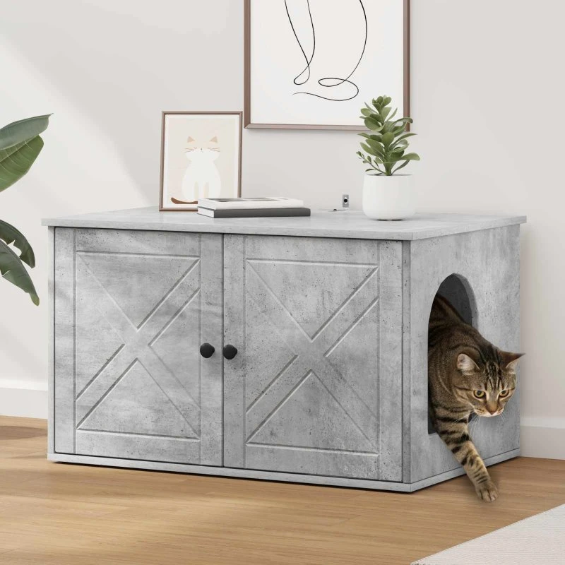 Katthus i konstrueret træ, beton-look 85x55x50 cm