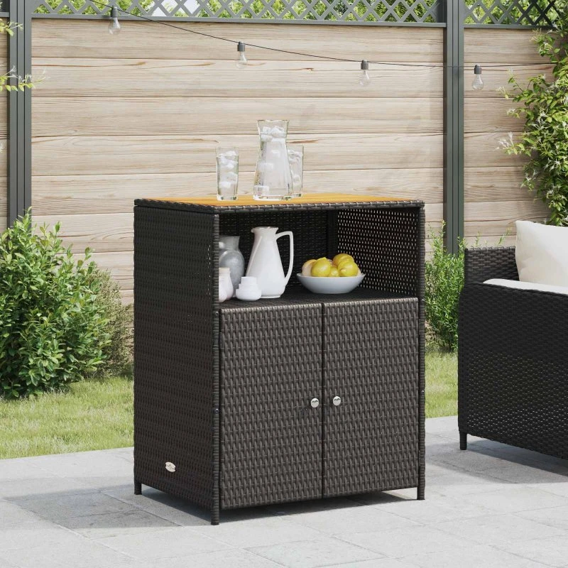 Rattan opbevaringsskab med trætop sort 70x50x87 cm