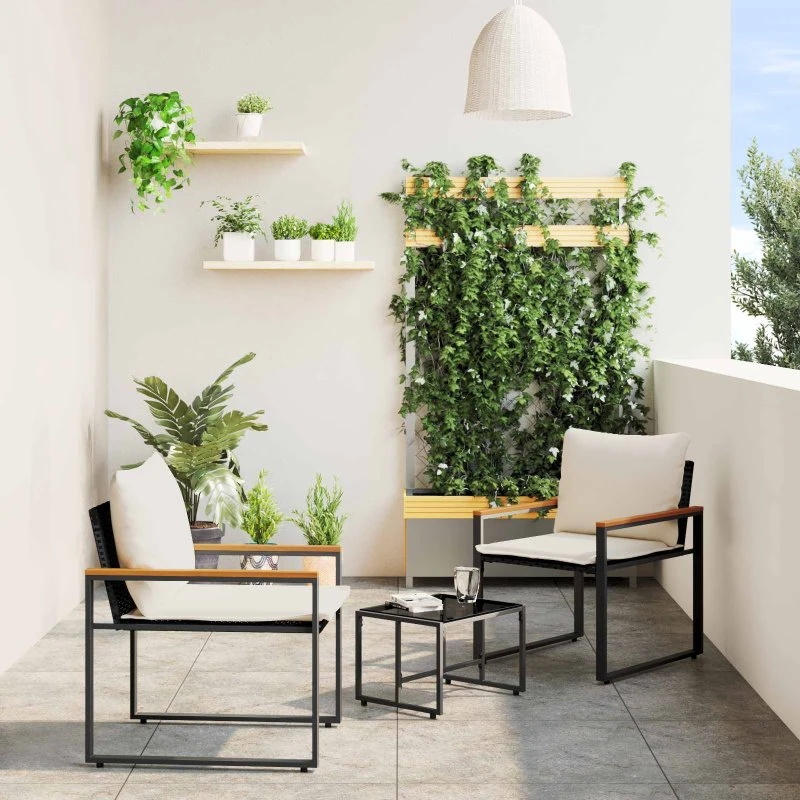 3-pcs havemøbelsæt i rattan med puder – sort/cremehvid