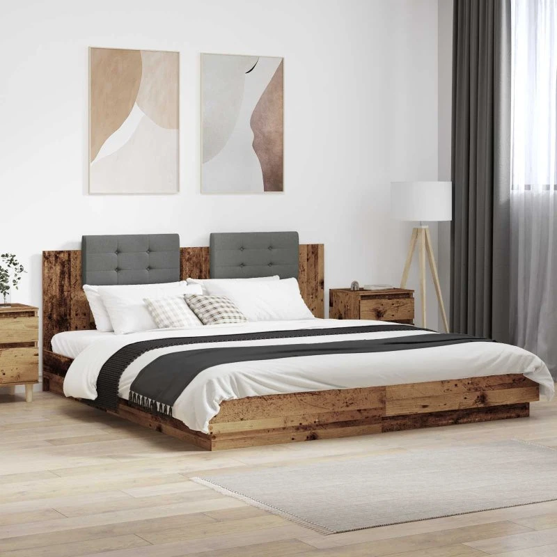 Sengestel med LED-hovedgærde, gammelt træ 200x200 cm