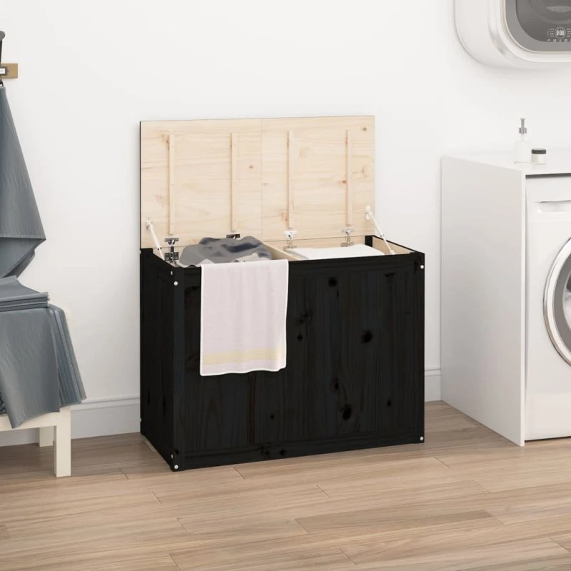 vidaXL vasketøjskurv i massivt fyrretræ 88,5×44×66 cm sort