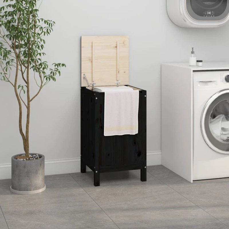 vidaXL vasketøjskurv i massivt fyrretræ 44x44x76 cm - sort