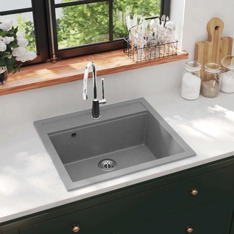 vidaXL køkkenvask granit enkelt kar, grå 565x510x306 mm