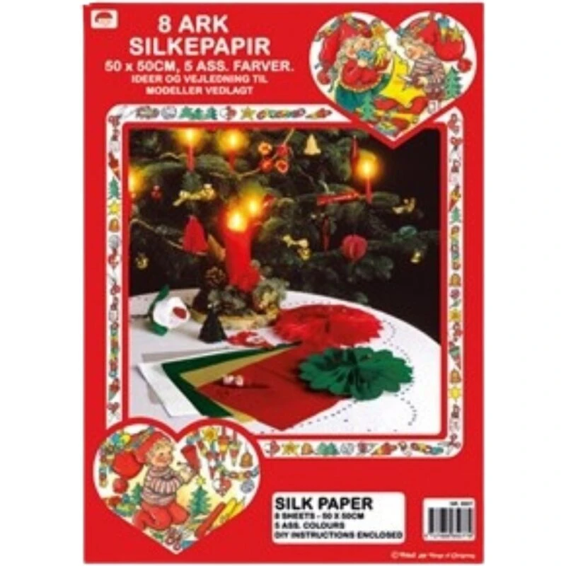 Silkepapir 5 farver, 8 ark (34x25 cm) med ideer