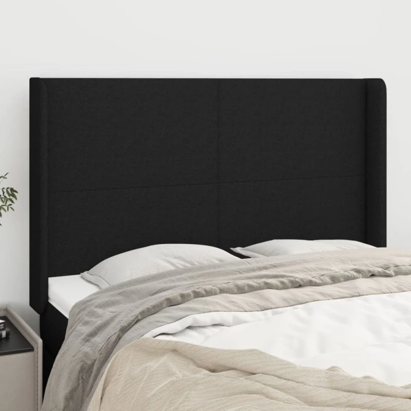 vidaXL sengegavl med kanter 147x16x118/128 cm, sort stof