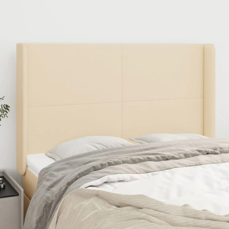 vidaXL sengegavl med kanter 147x16x118/128 cm stof cremefarvet
