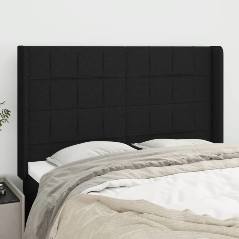 vidaXL sengegavl med kanter 147x16x118/128 cm, sort stof