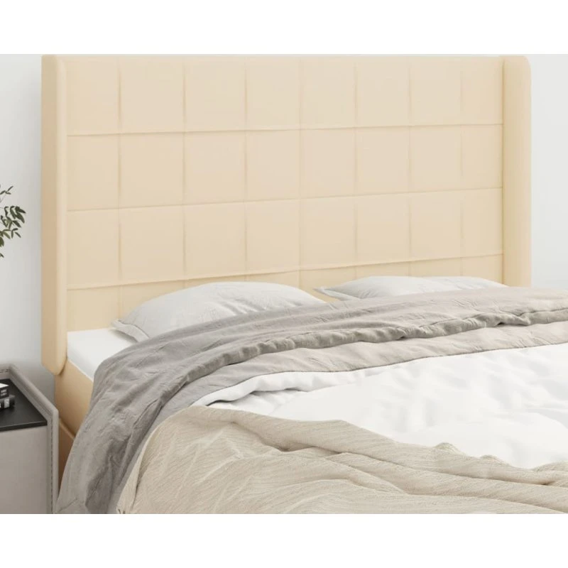 vidaXL sengegavl med kanter 147x16x118/128 cm stof cremefarvet