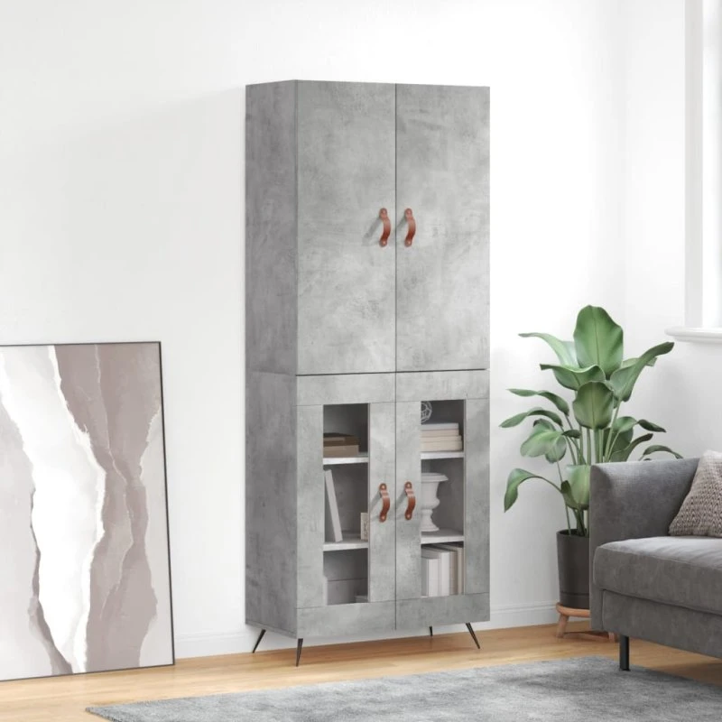vidaXL højskab 69,5x34x180 cm konstrueret træ, betongrå (2 glaslåger)