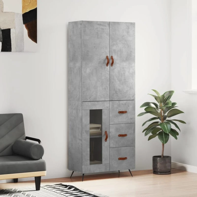 vidaXL højskab 69,5x34x180 cm betongrå, 1 glaslåge 3 skuffer