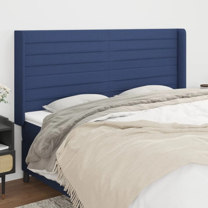 vidaXL sengegavl med kanter 203x16x118/128 cm stof blå