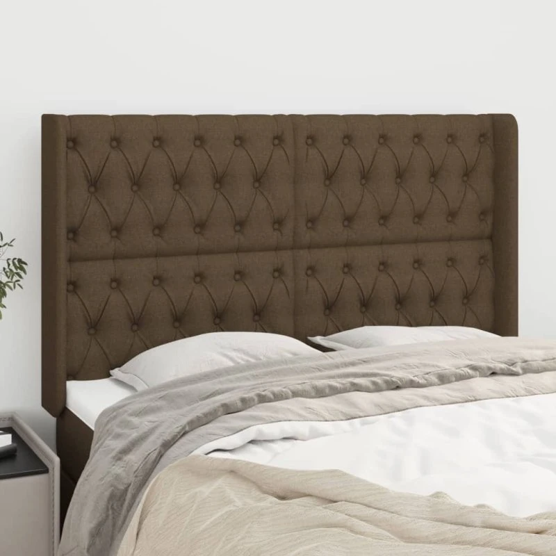 vidaXL sengegavl med kanter 147x16x118/128 cm stof mørkebrun