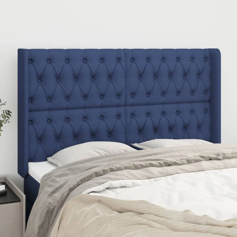 vidaXL Sengegavl med kanter 147x16x118/128 cm blå stof