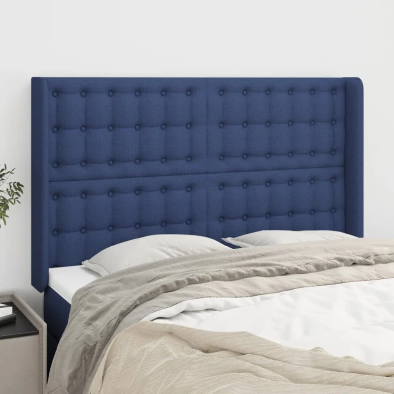 vidaXL sengegavl med kanter 147x16x118/128 cm blå stof
