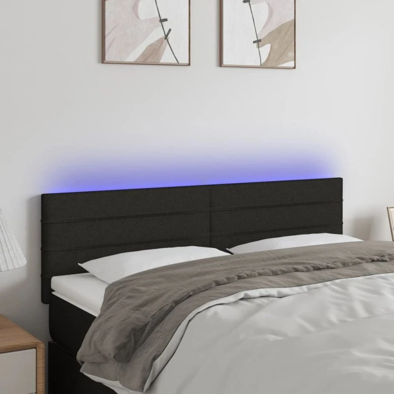 vidaXL sengegavl med LED-lys 144x5x78/88 cm stof, sort