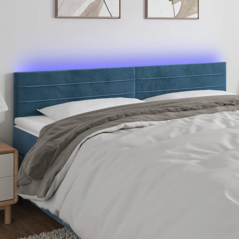 vidaXL sengegavl 160x5x78/88 cm fløjl med LED, mørkeblå