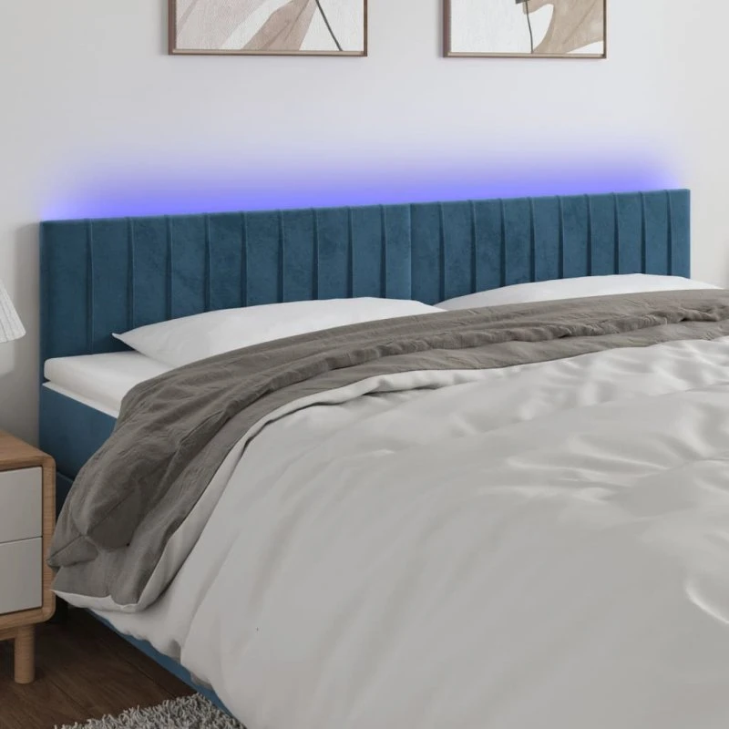 vidaXL Sengegavl 160x5x78/88 cm fløjl mørkeblå med LED