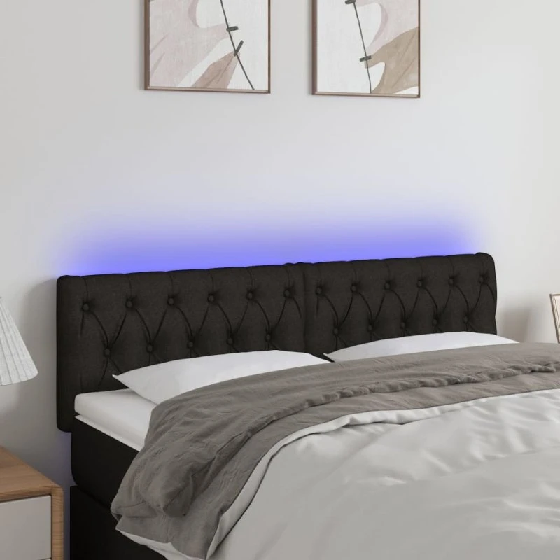 vidaXL sengegavl med LED-lys 144x7x78/88 cm stof sort