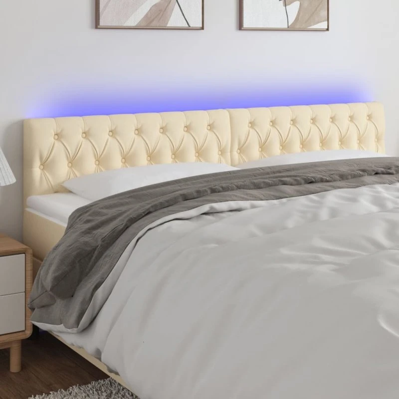 vidaXL sengegavl med LED-lys 180x7x78/88 cm stof creme