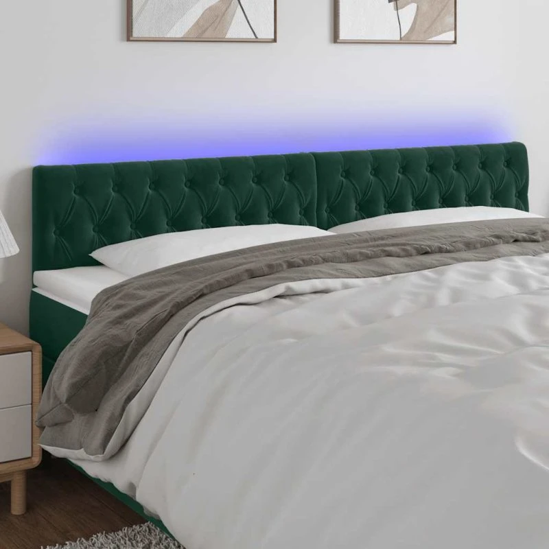 vidaXL sengegavl med LED 180x7x78/88 cm velour mørkegrøn
