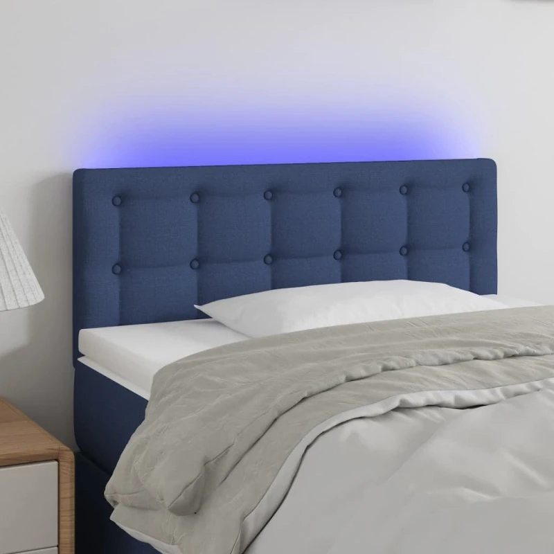vidaXL sengegavl med LED-lys 100x5x78/88 cm stof blå
