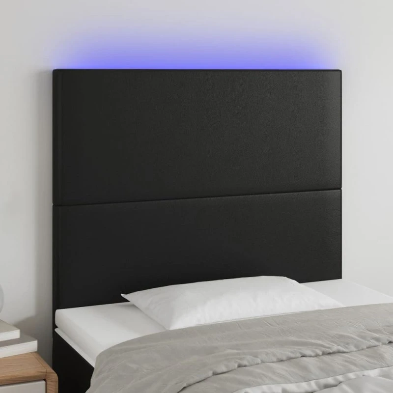 vidaXL Sengegavl med LED-lys 100x5x118/128 cm sort kunstlæder
