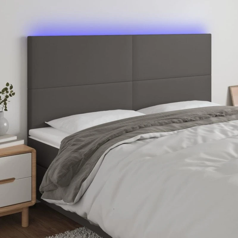vidaXL sengegavl med LED-lys 200x5x118/128 cm kunstlæder grå