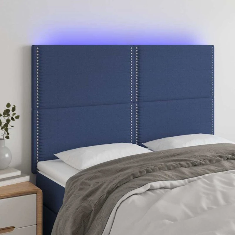 vidaXL sengegavl med LED 144x5x118/128 cm blå stof