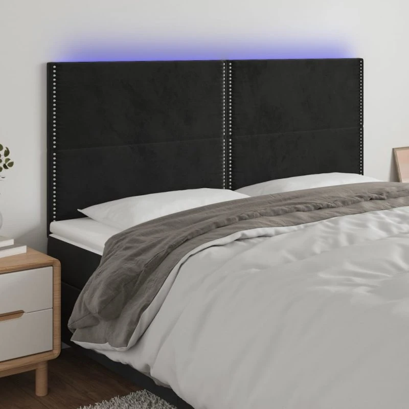 vidaXL sengegavl 160x5x118/128 cm fløjl med LED, sort