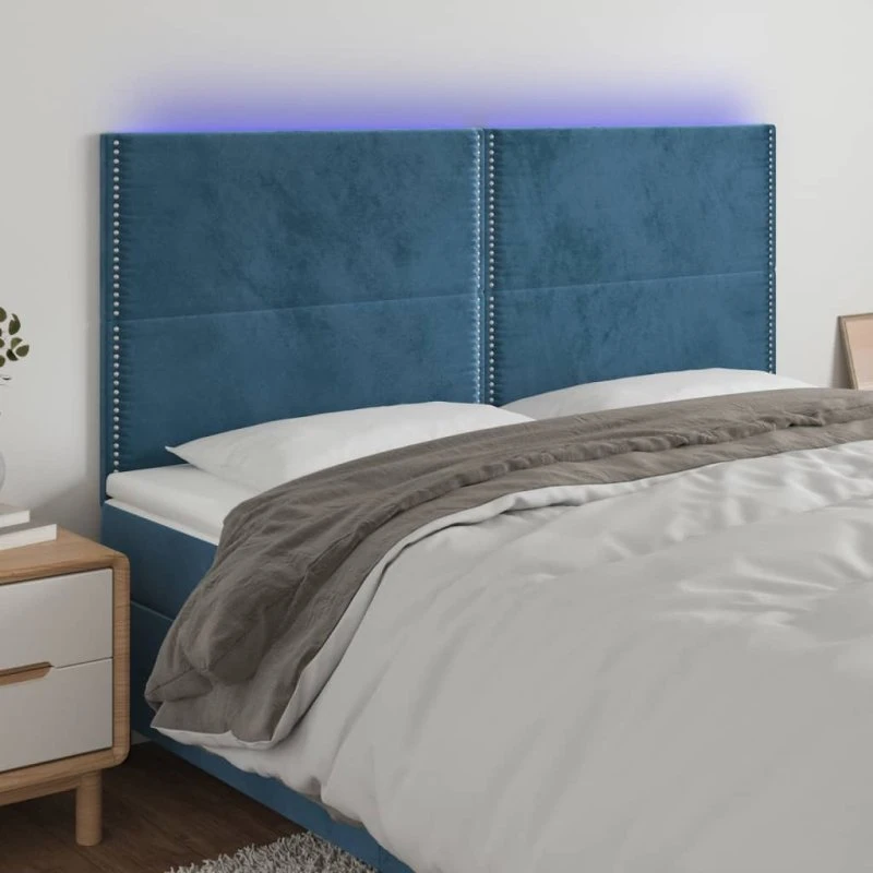vidaXL sengegavl med LED-lys 200x5x118/128 cm fløjl mørkeblå