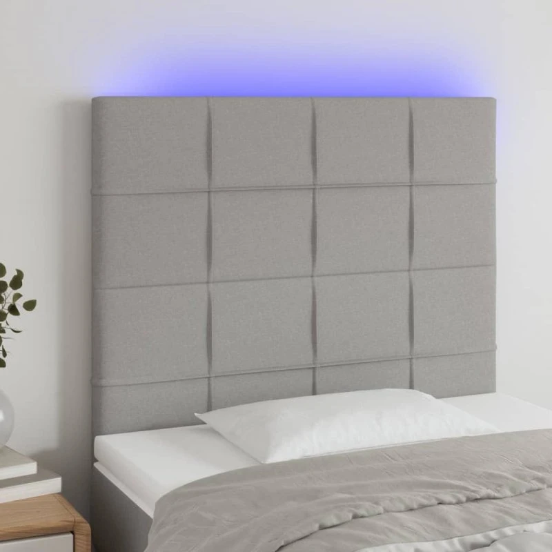 vidaXL sengegavl med LED-lys, stof lysegrå 80x5x118/128 cm