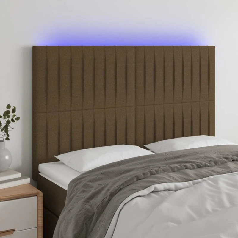 vidaXL sengegavl med LED-lys 144x5x118/128 cm mørkebrun