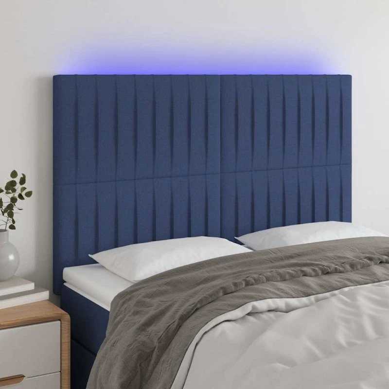 vidaXL sengegavl med LED 144x5x118/128 cm stof blå