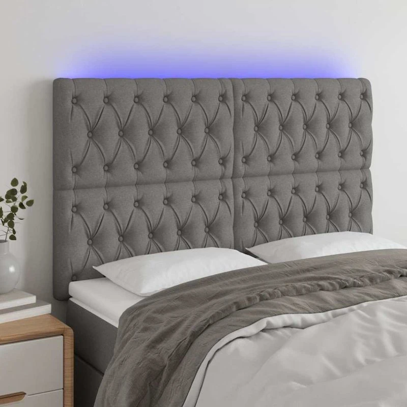 vidaXL sengegavl med LED 144x7x118/128 cm stof mørkegrå