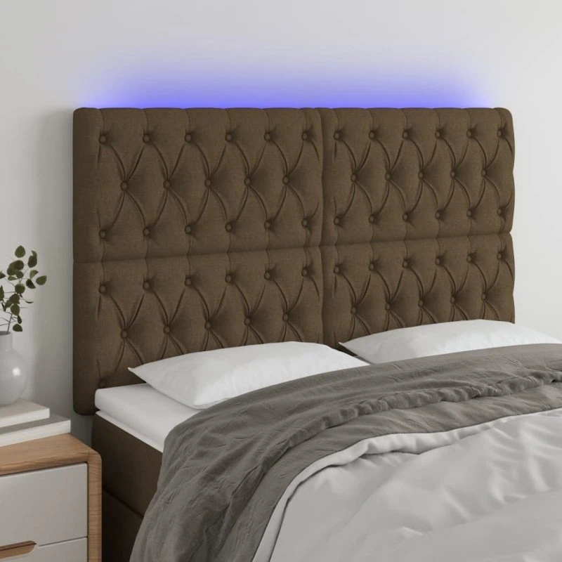 vidaXL Sengegavl med LED-lys 144x7x118/128 cm stof mørkebrun
