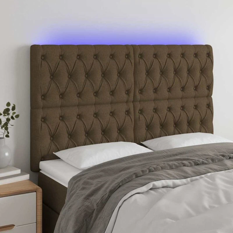 vidaXL sengegavl med LED 160x7x118/128 cm stof mørkebrun