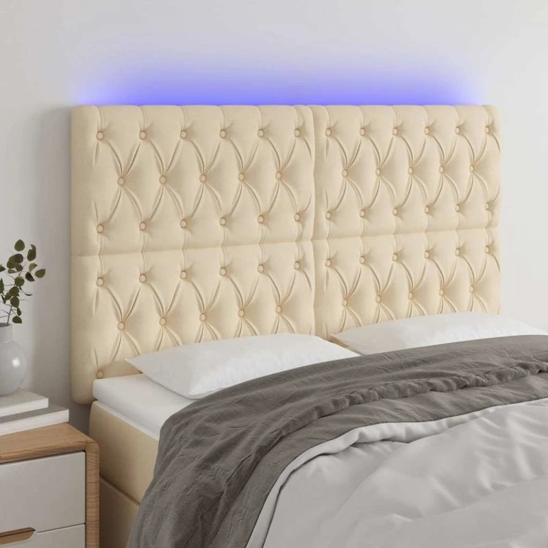 vidaXL sengegavl med LED 160x7x118/128 cm stof cremefarvet