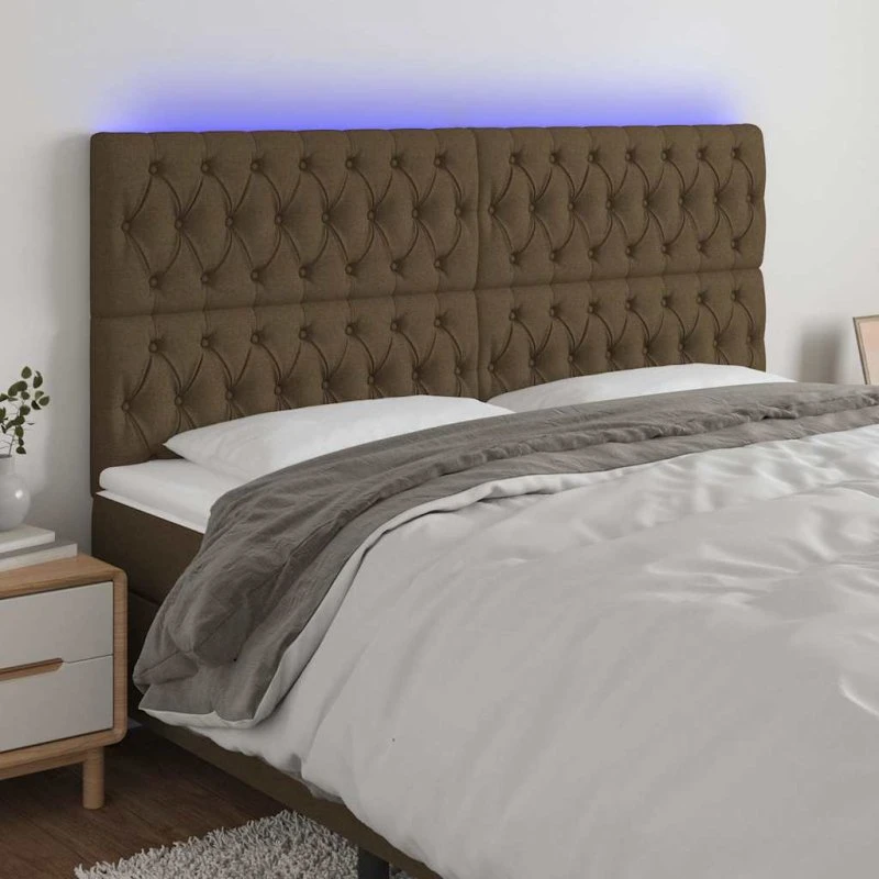 vidaXL sengegavl med LED 200x7x118/128 cm stof mørkebrun